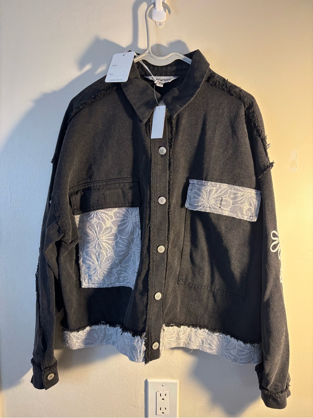 DAVI & DANI Black Jacket with White Lace Patch Accents